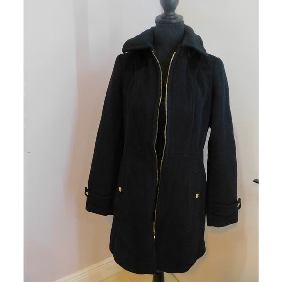 Michael Kors Women Black Trench Coat Wool Blend Jacket Removal Hood Jacket Small - Picture 1 of 12